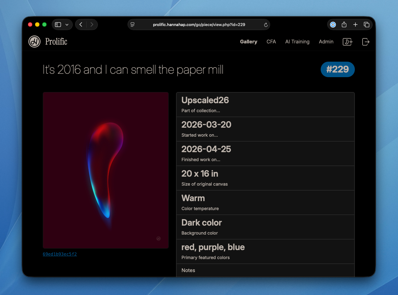 Screenshot of Prolific running in Safari showing an entry for a single work of art