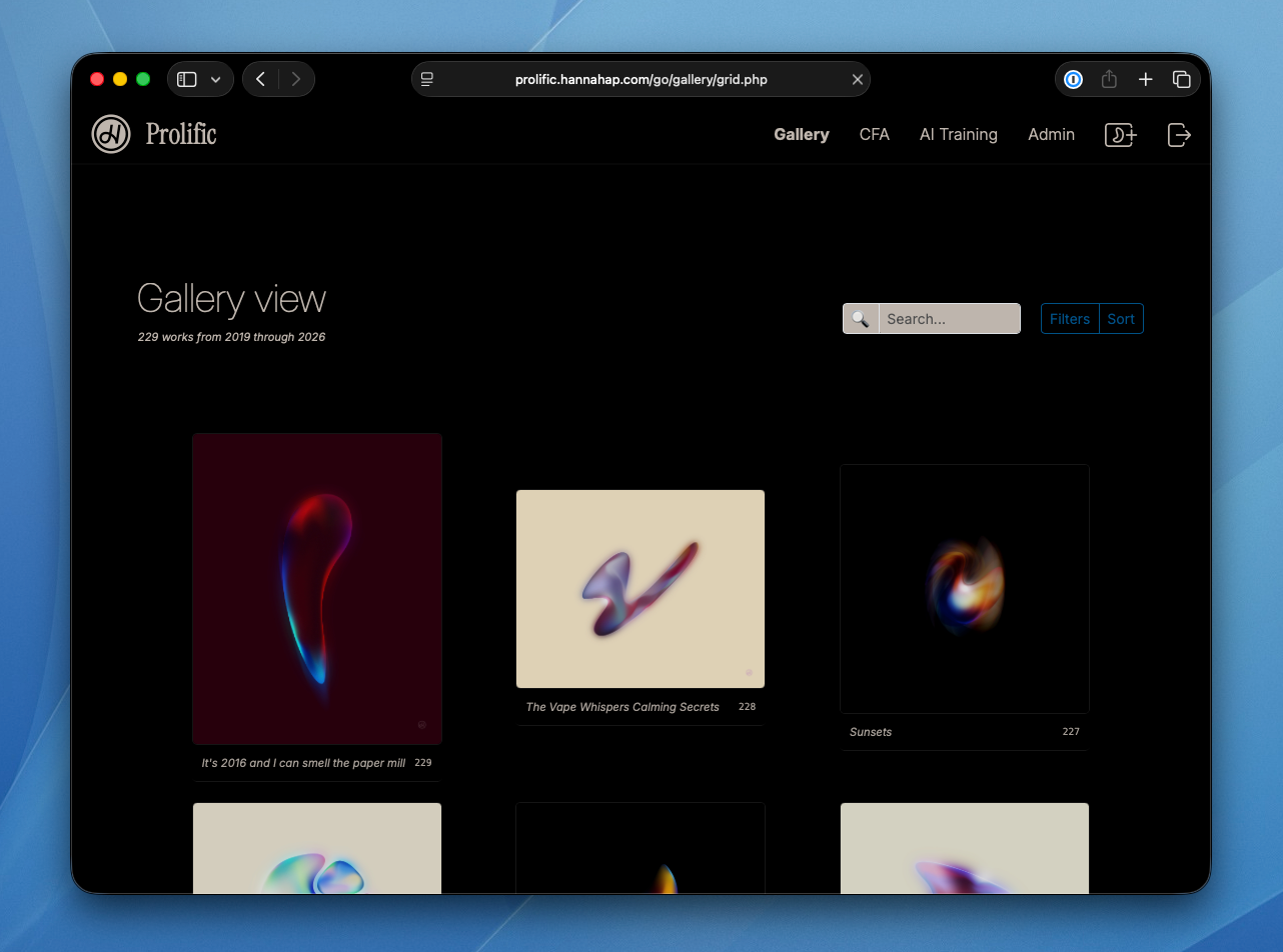 Screenshot of Prolific running in Safari showing a gallery view of art works