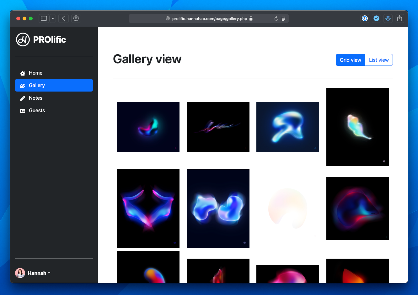 Screenshot of PROlific running in Safari showing a gallery view of art works