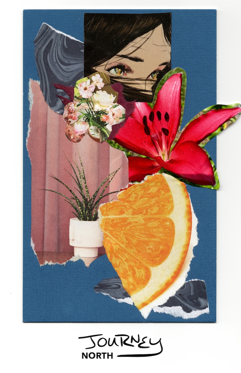 'The Journey North' zine cover featuring a scan of a simple collage on a blue background and the title underneath.